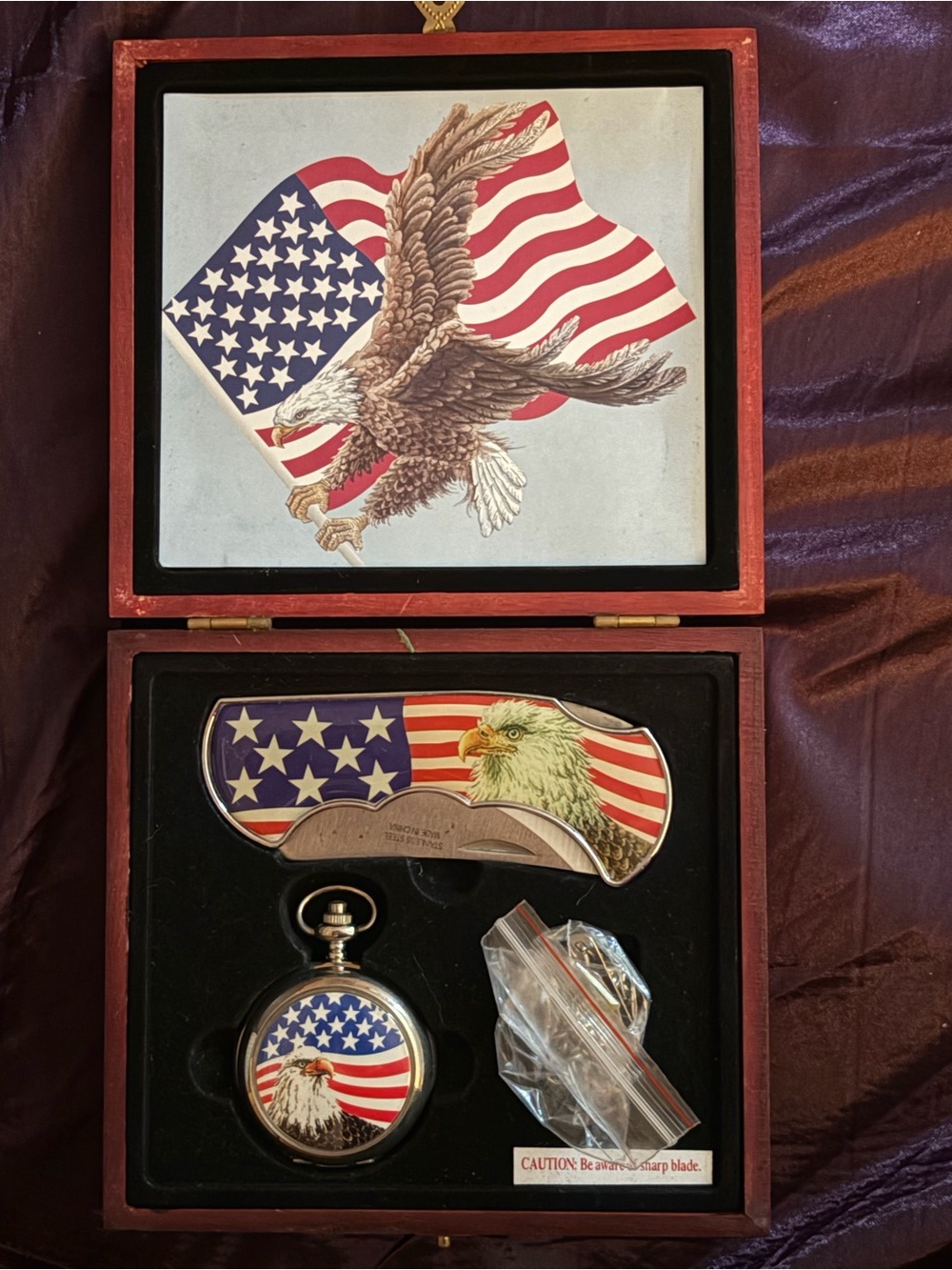 Patriotic Eagle Knife and Pocket Watch with American Flag Design in a Box Case